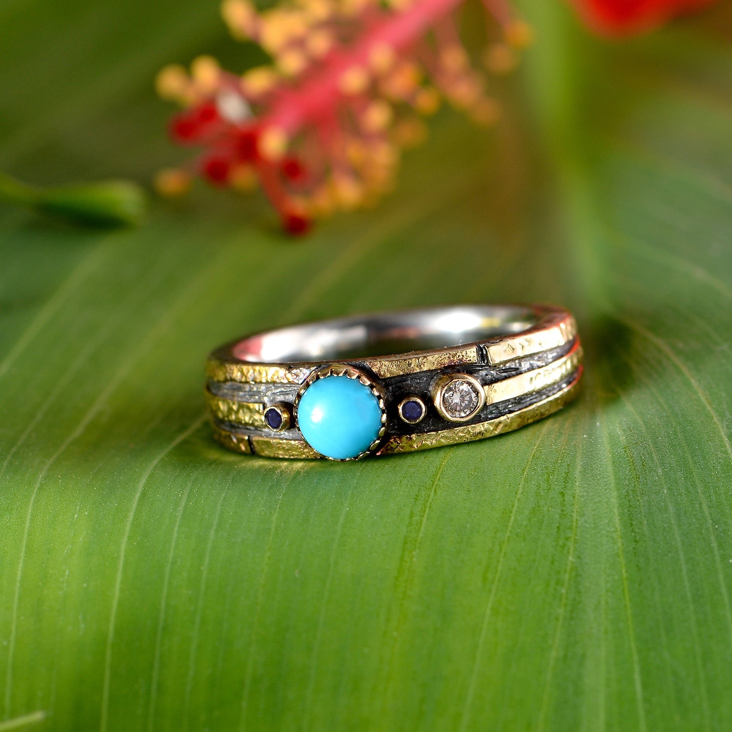 Turquoise Diamond Sapphire Band Ring