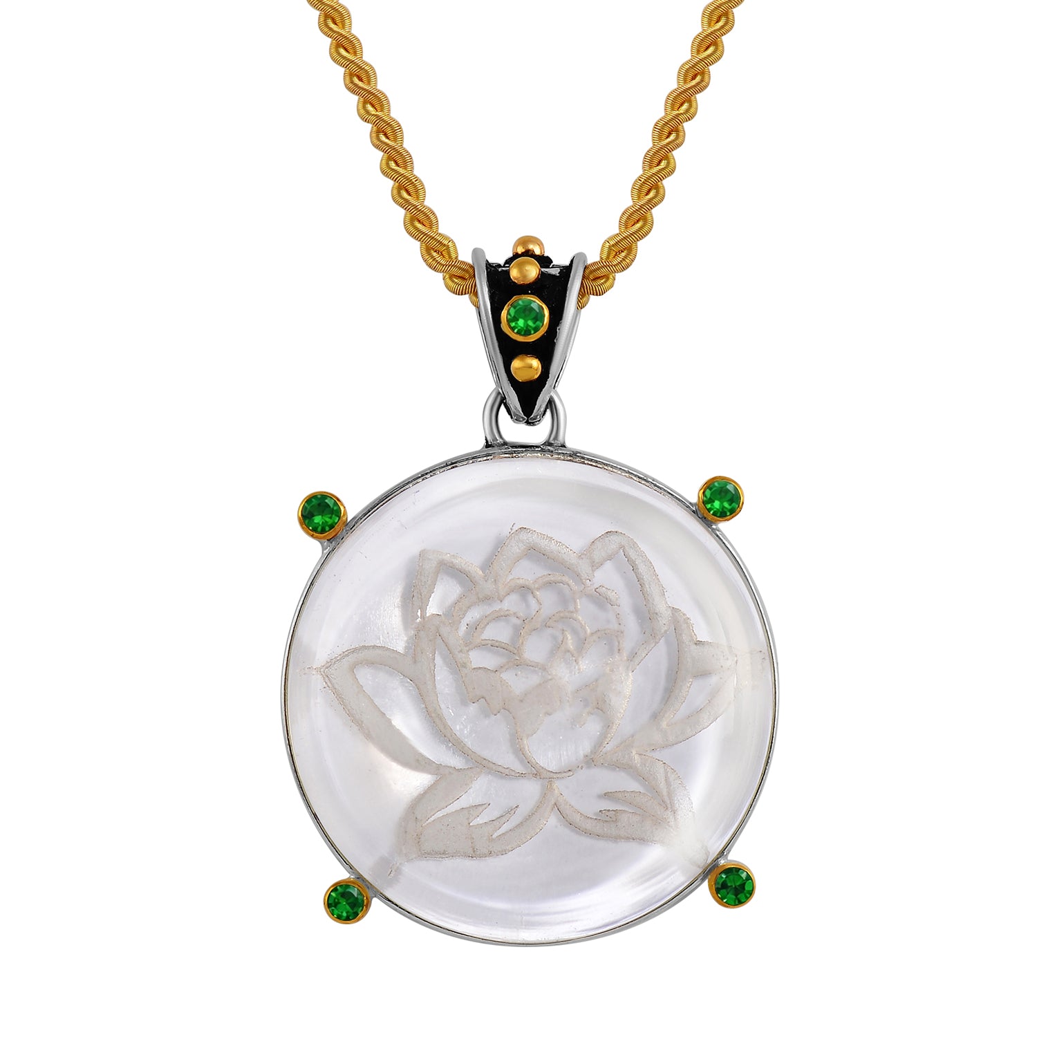 Lotus Hand-Etched Crystal Emerald Pendant