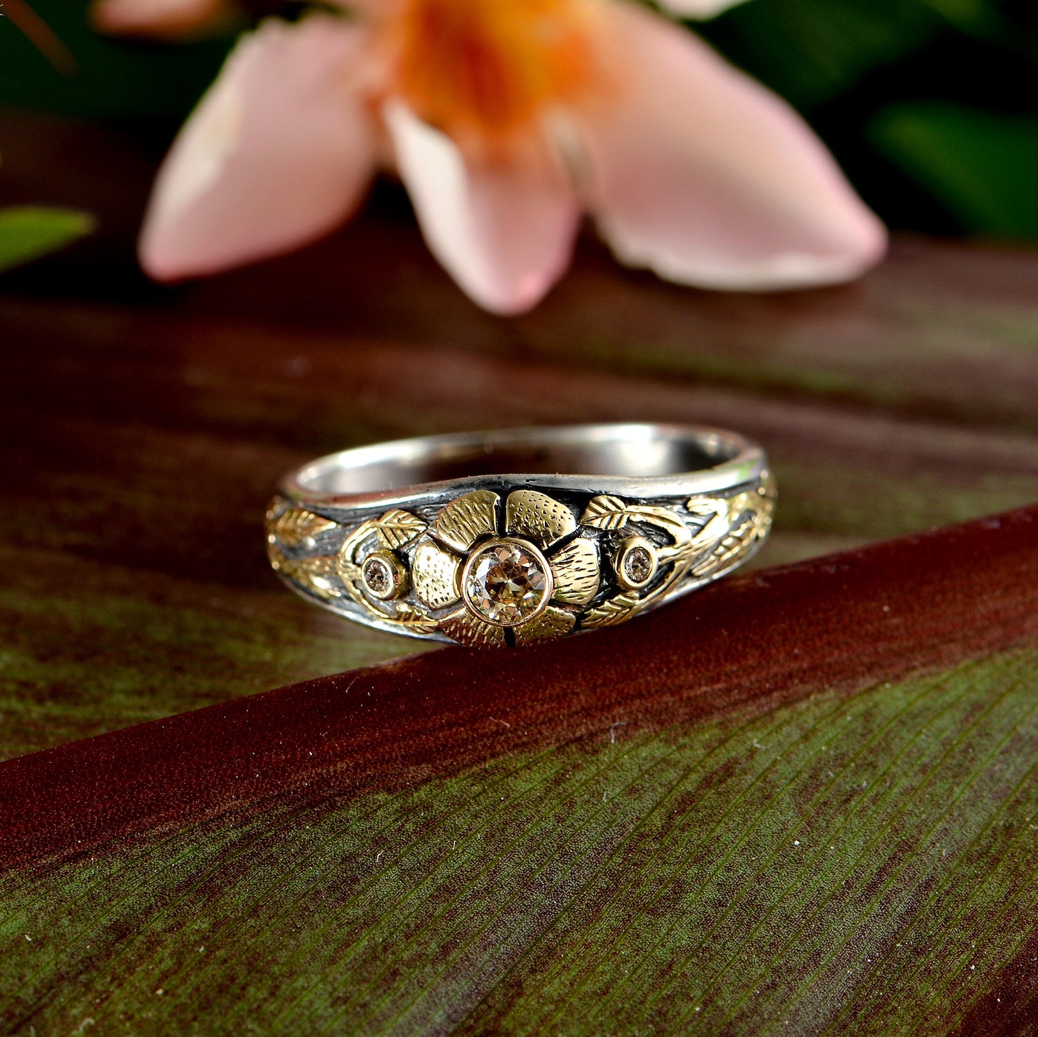 Diamond Gold Mini Flower Engagement Ring in White