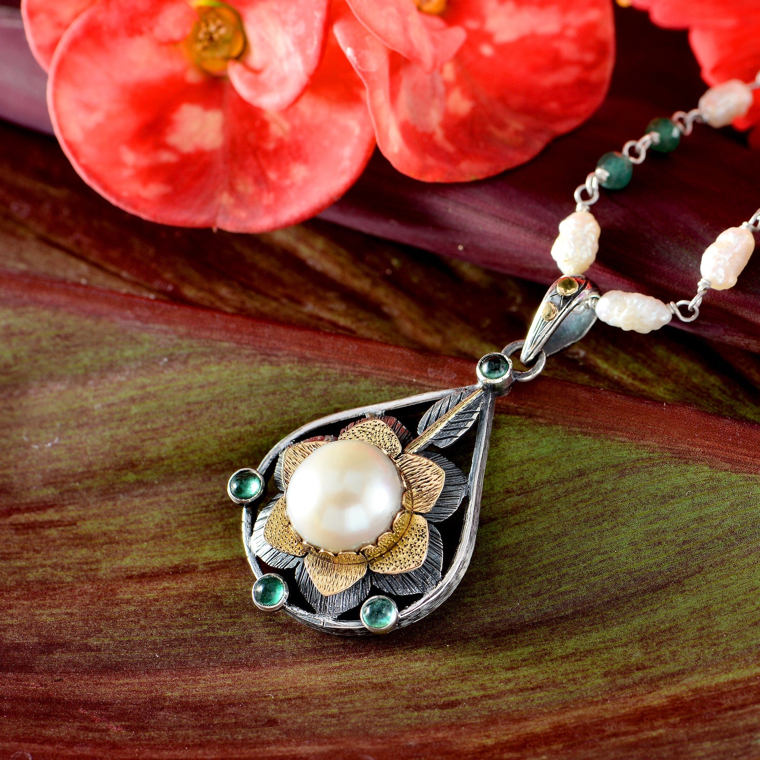 Odelia Pearl Emerald Pendant
