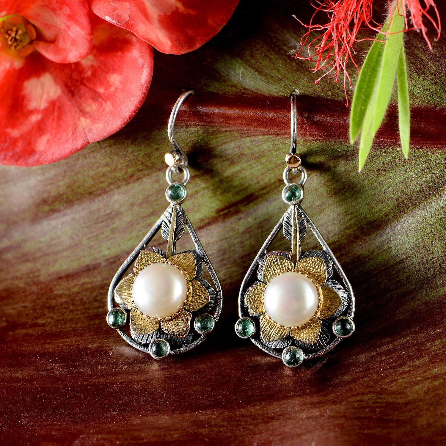 Odelia Pearl Emerald Dangle Earrings