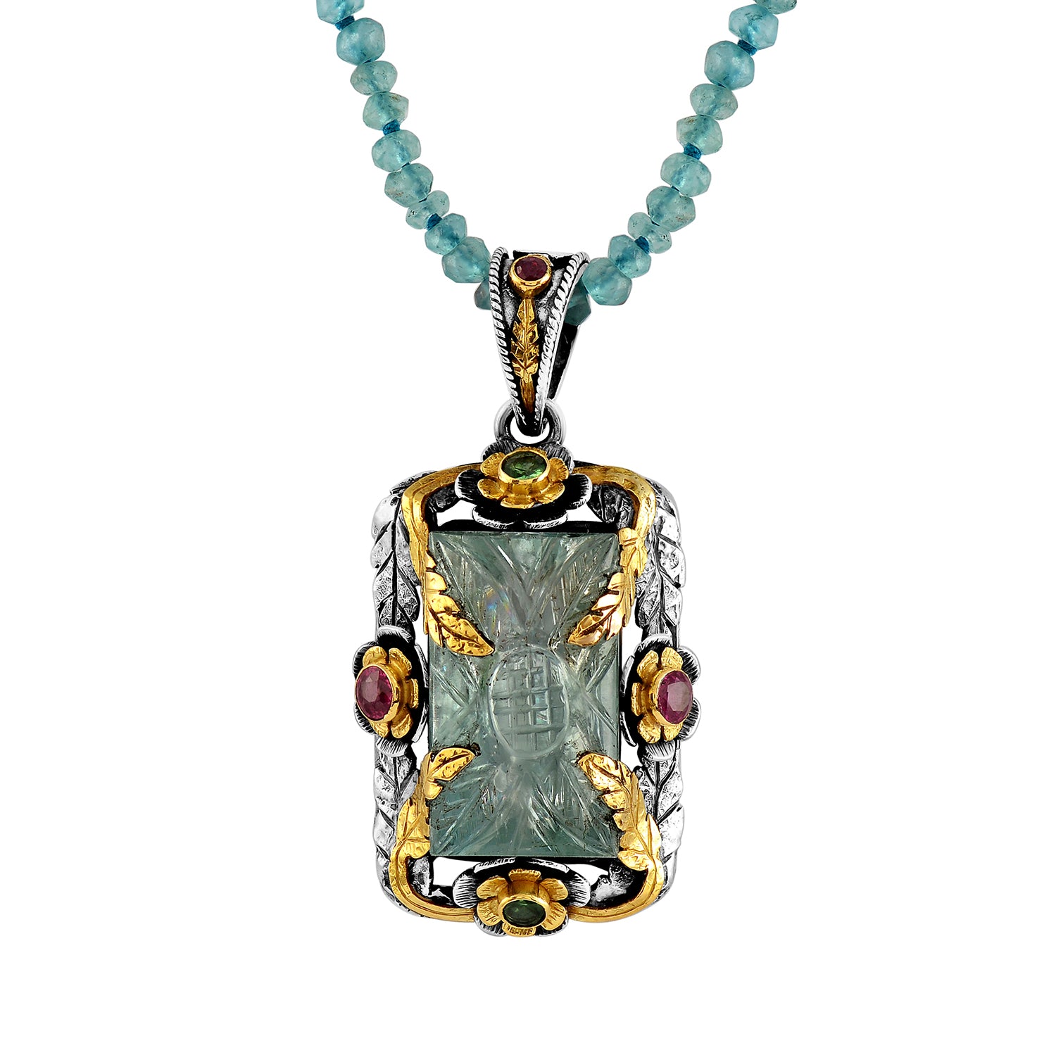 Hand-Carved Aquamarine Ruby Tsavorite Bella Pendant