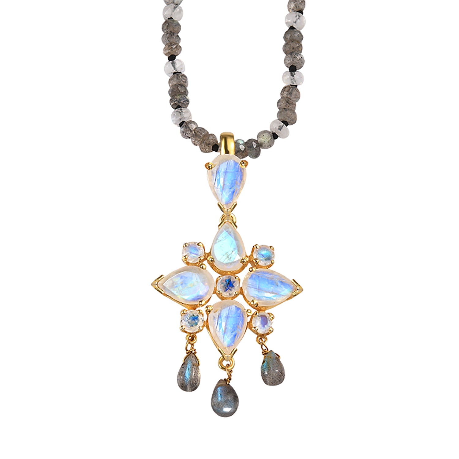 Gold Plated Tallulah Moonstone Labradorite Teardrop Pendant in Grey and White