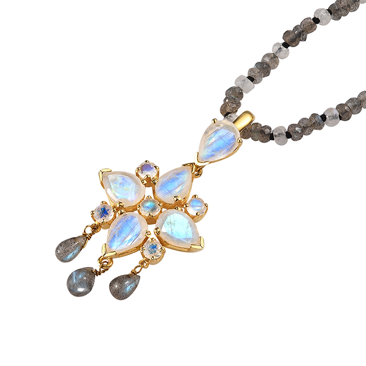 Gold Plated Tallulah Moonstone Labradorite Teardrop Pendant in Grey and White