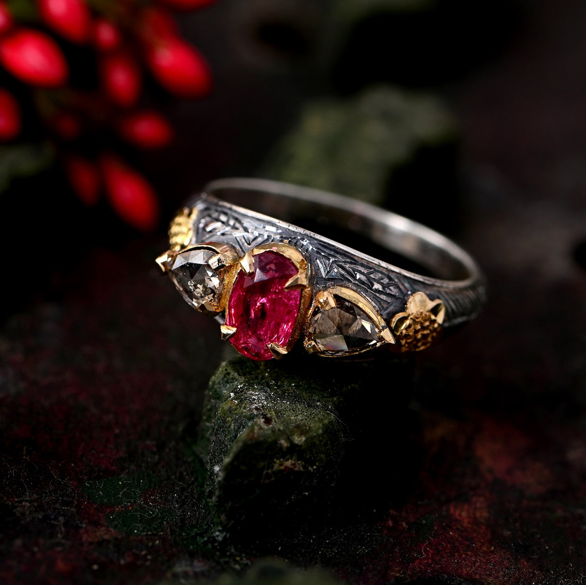 Forever Burmese Ruby Diamond Mughal Art Ring