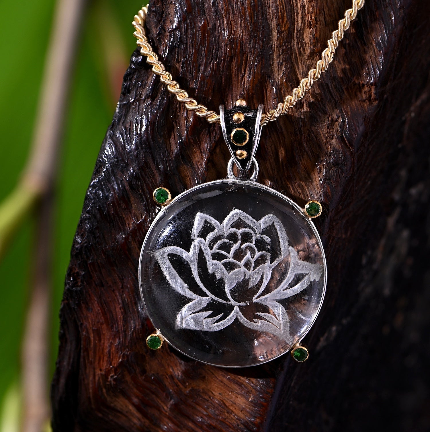 Lotus Hand-Etched Crystal Emerald Pendant