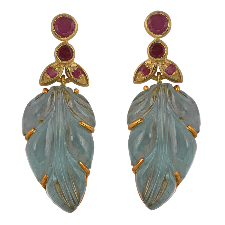 Tamarind Hand-Carved Aquamarine Ruby Earrings