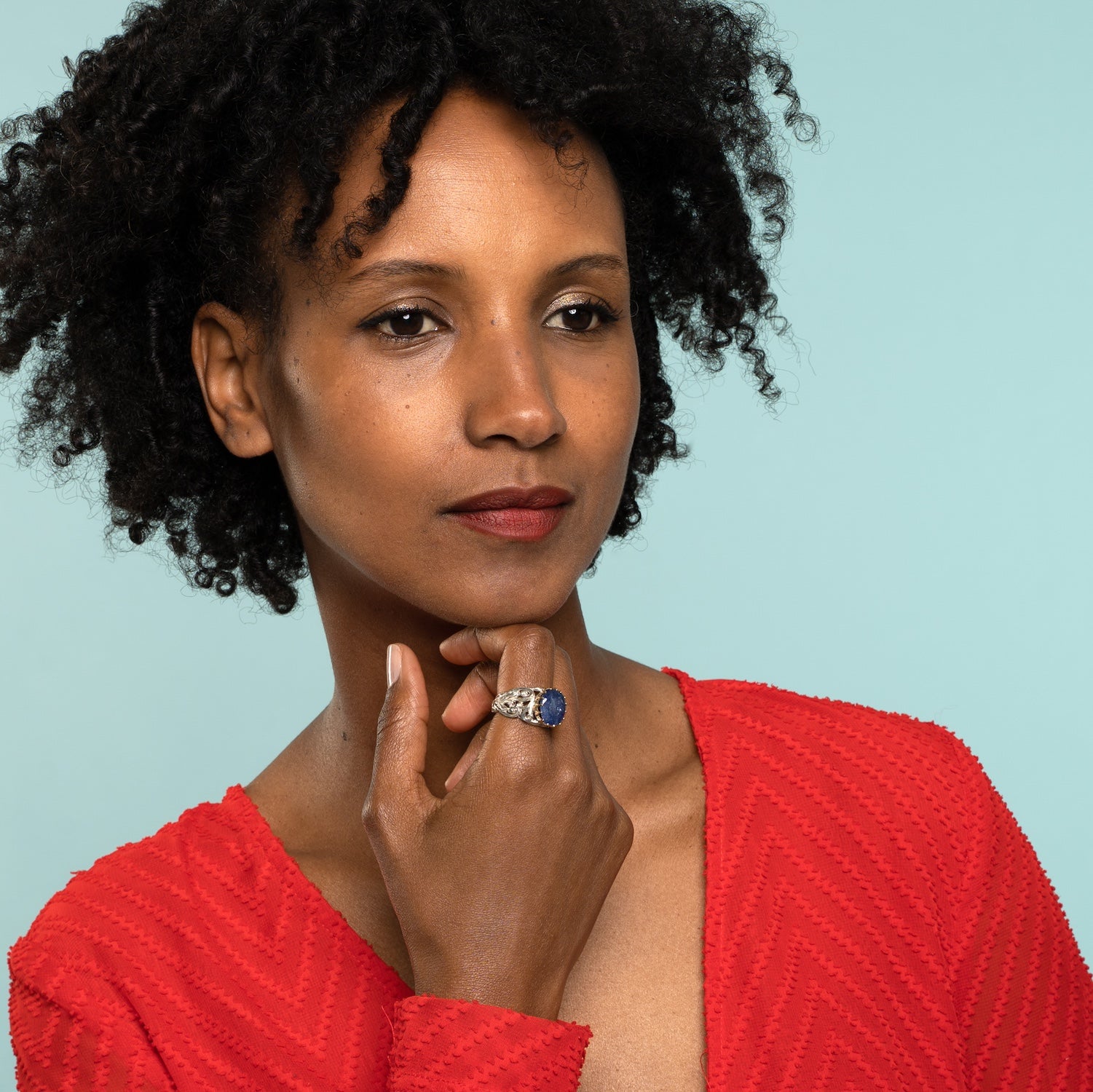 Blue Sapphire Baroque Hand-Carved Ring