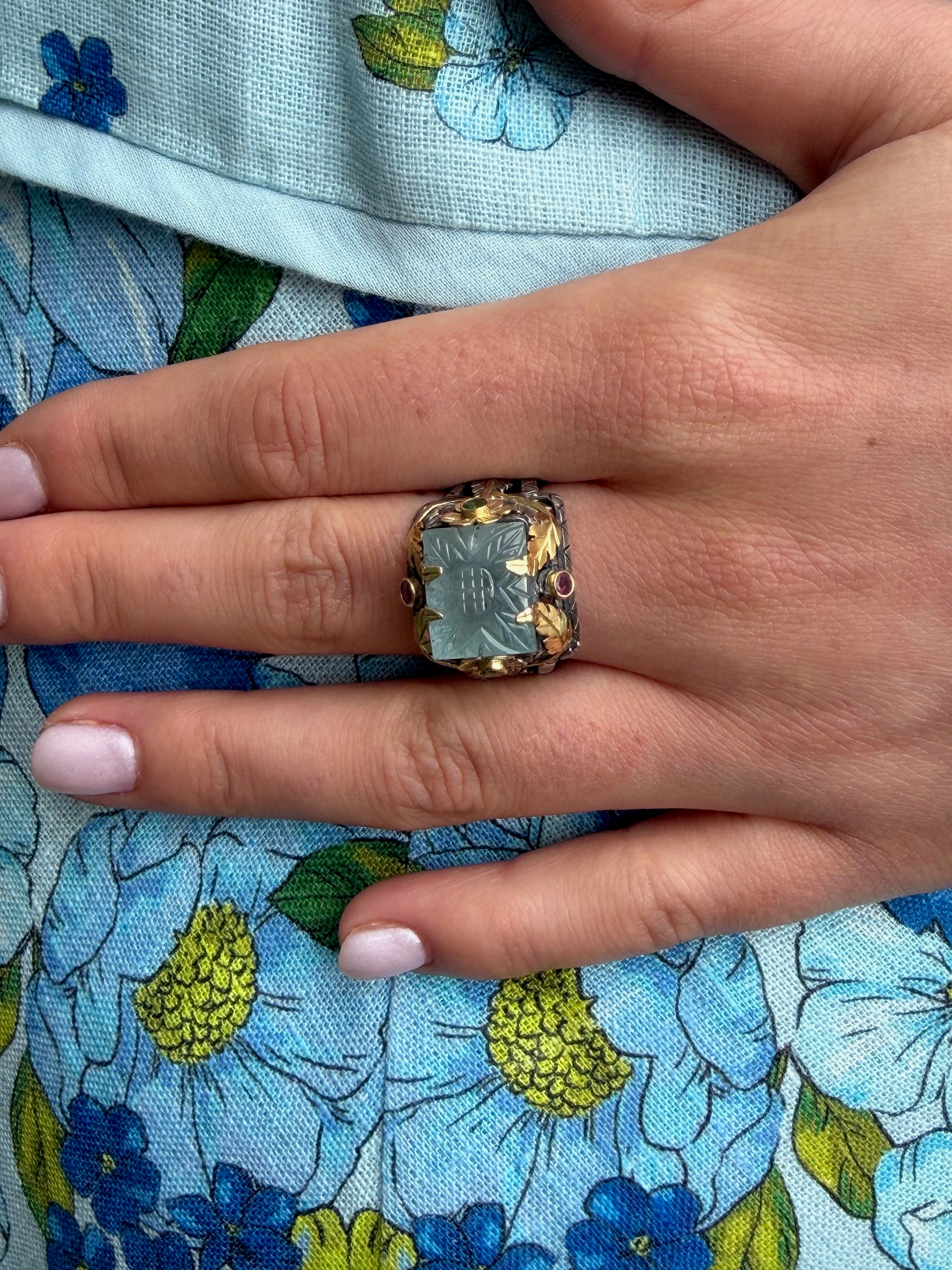 Hand-Carved Aquamarine Ruby Tsavorite Bella Ring