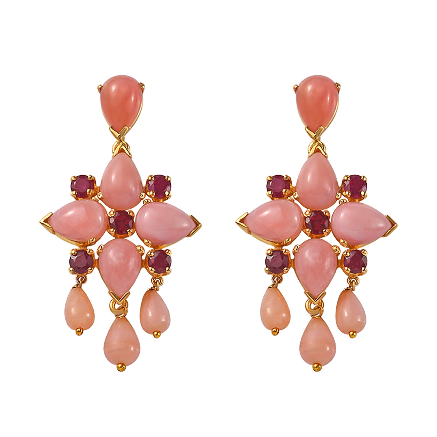 Gold Plated Opal Ruby Dangle Earrings in Pink & Red