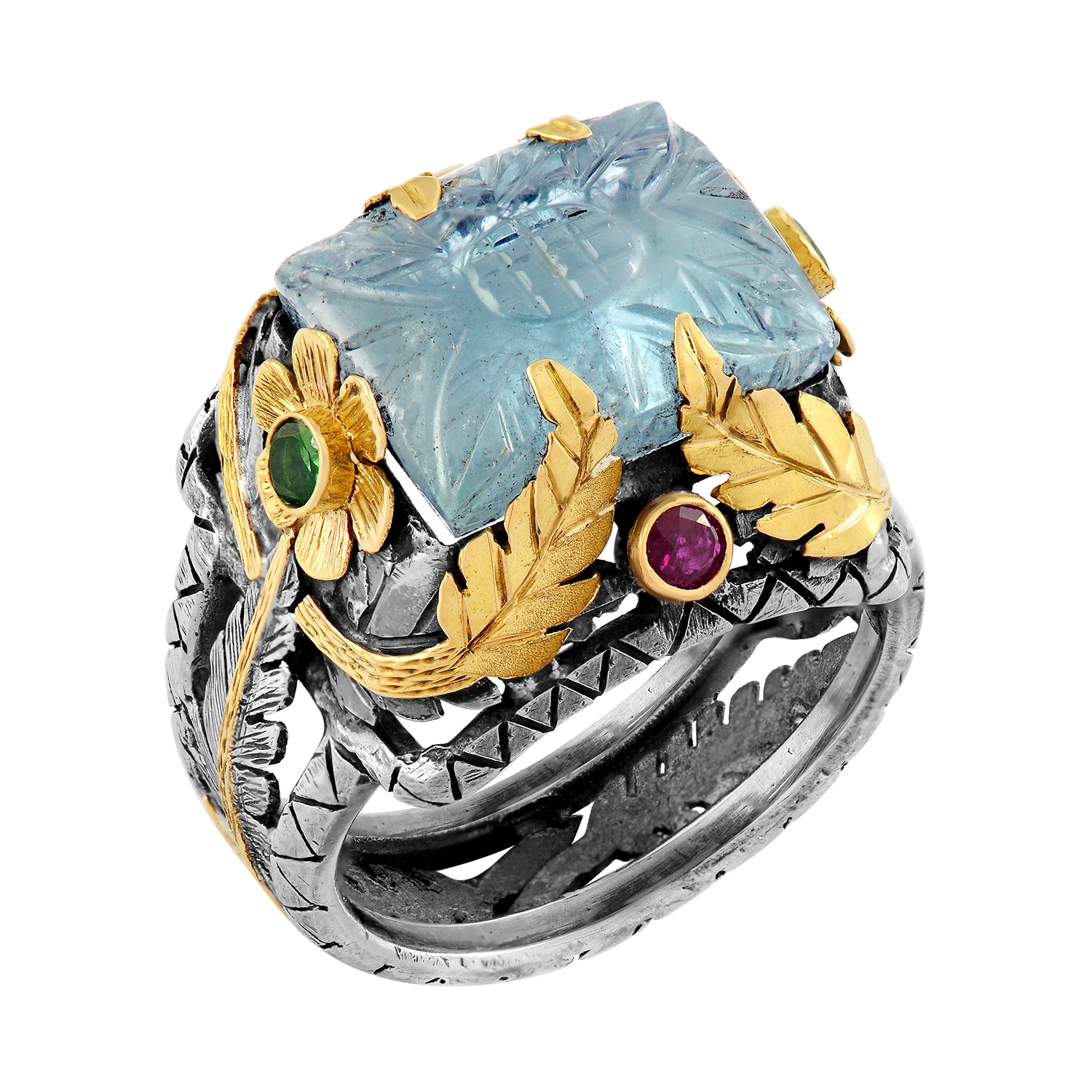 Hand-Carved Aquamarine Ruby Tsavorite Bella Ring