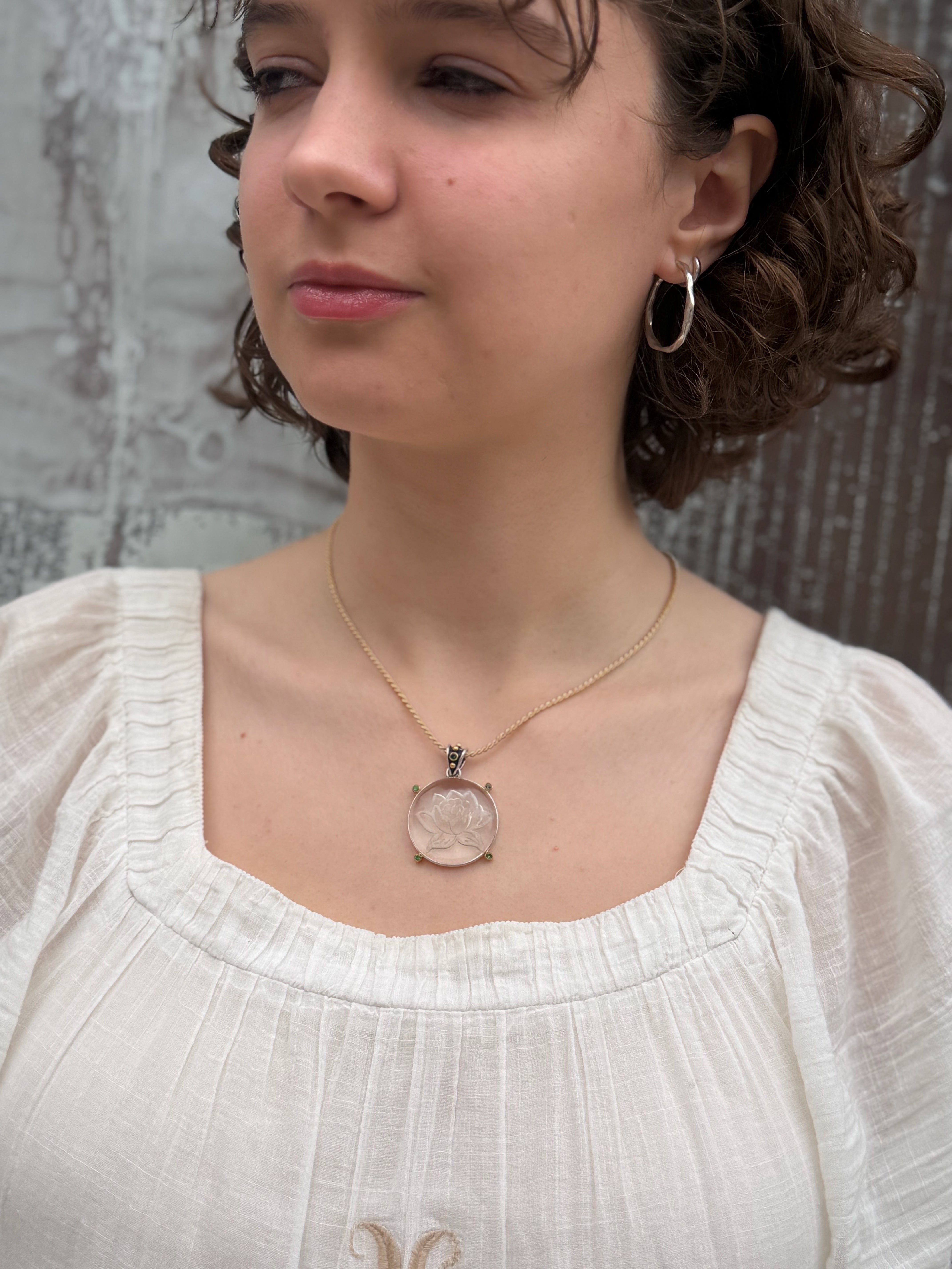 Lotus Hand-Etched Crystal Emerald Pendant