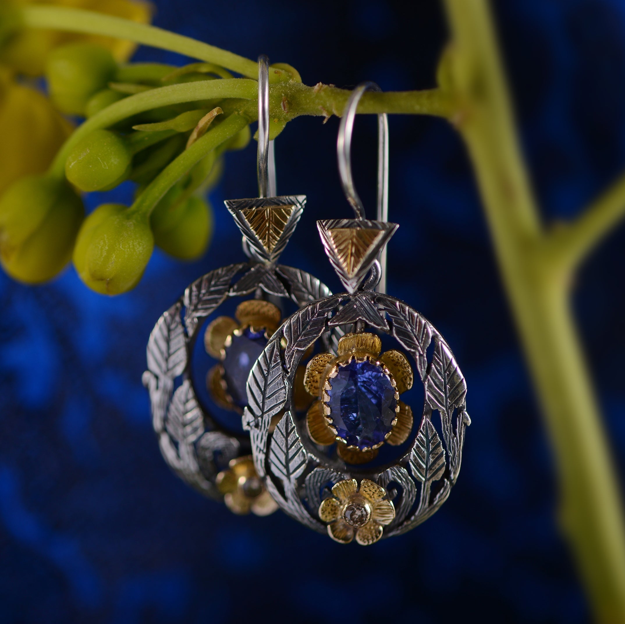 Viola Tanzanite Diamond Hand-Engraved Earrings