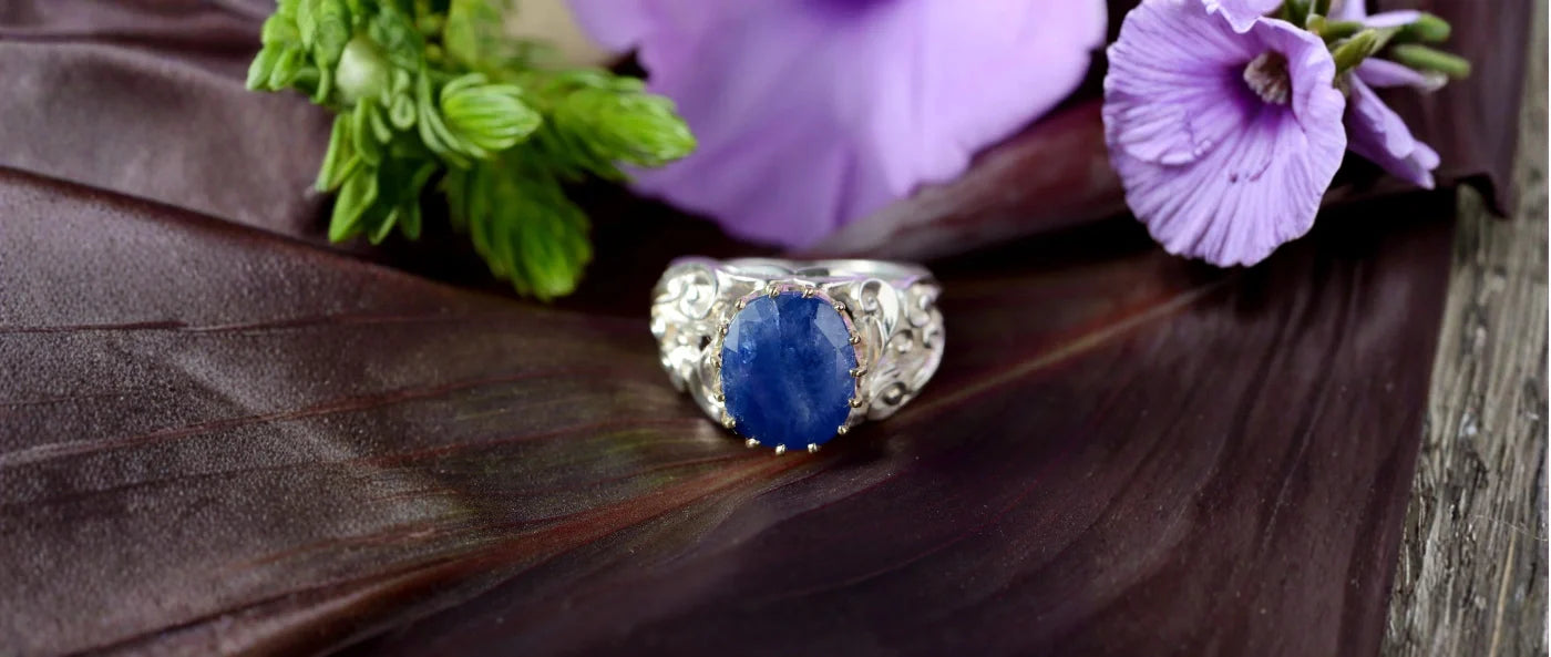 Blue Sapphire Baroque Hand-Carved Ring