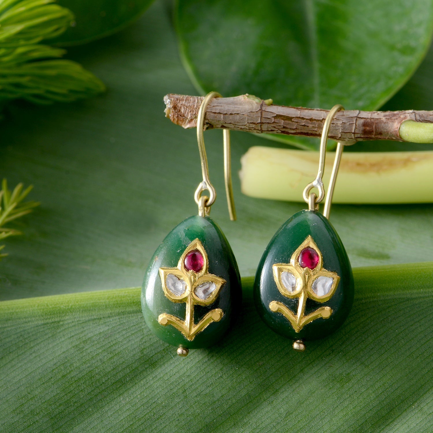Jade Ruby Diamond Drop Earrings