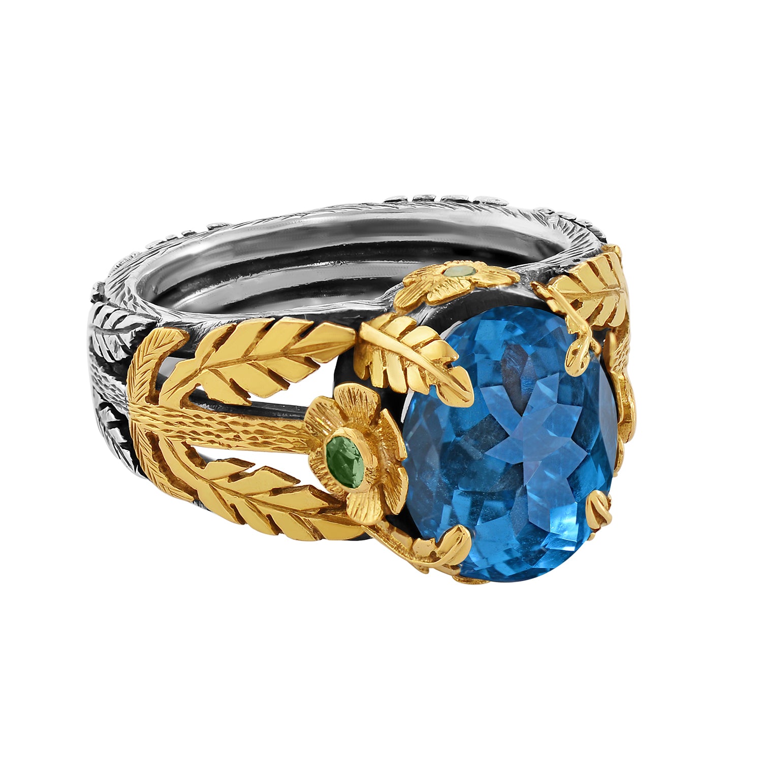 Beauty Blue Topaz Tsavorite Diamond Cocktail Ring
