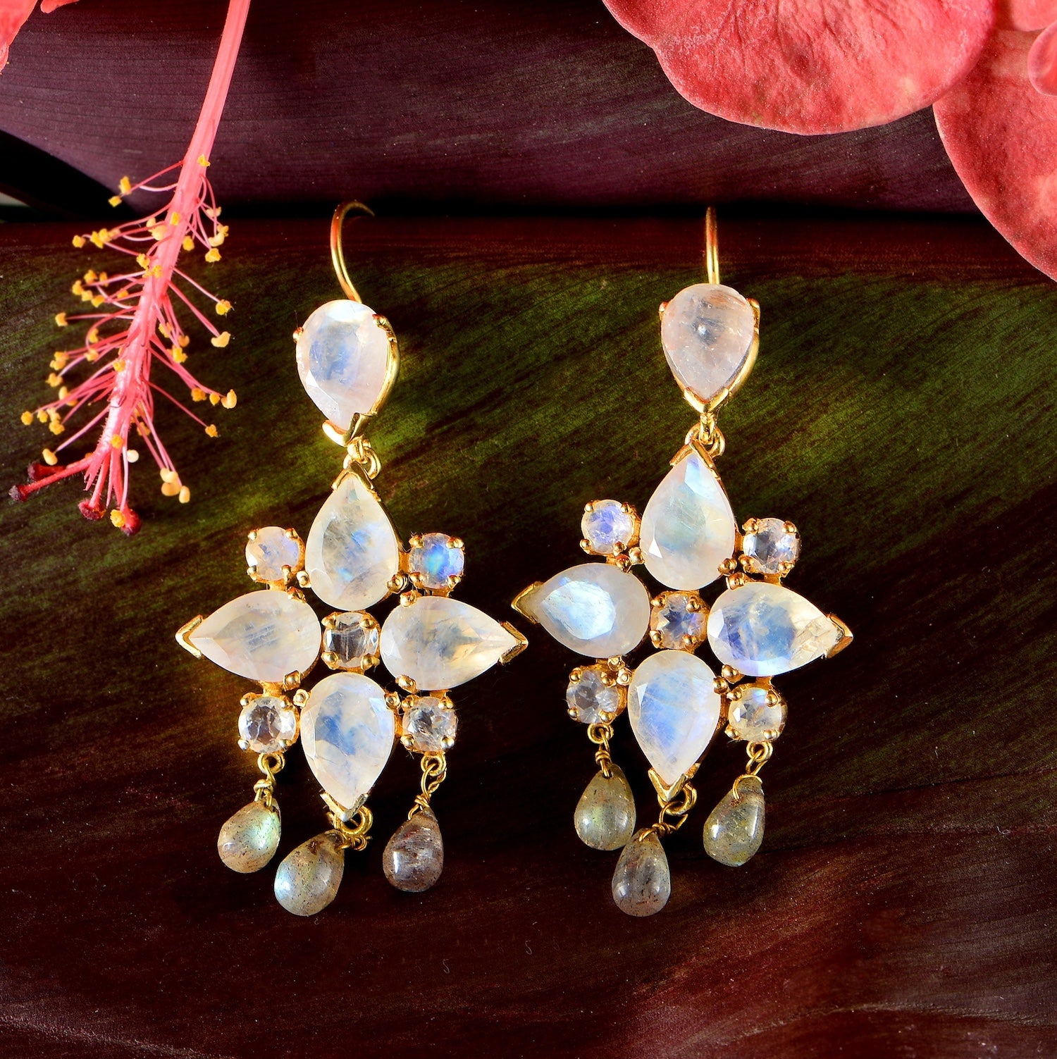 Gold Plated Tallulah Moonstone Labradorite Dangle Earrings in Grey and White