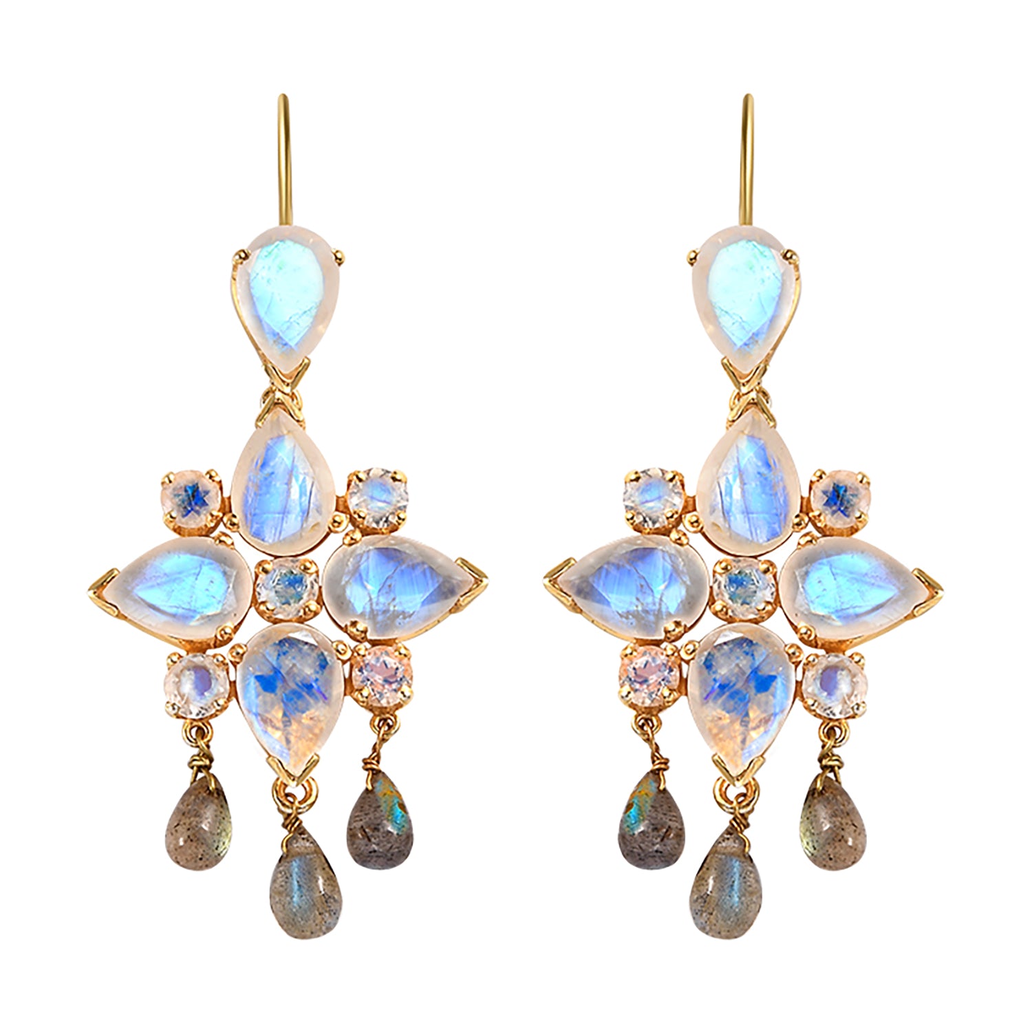 Gold Plated Tallulah Moonstone Labradorite Dangle Earrings in Grey and White