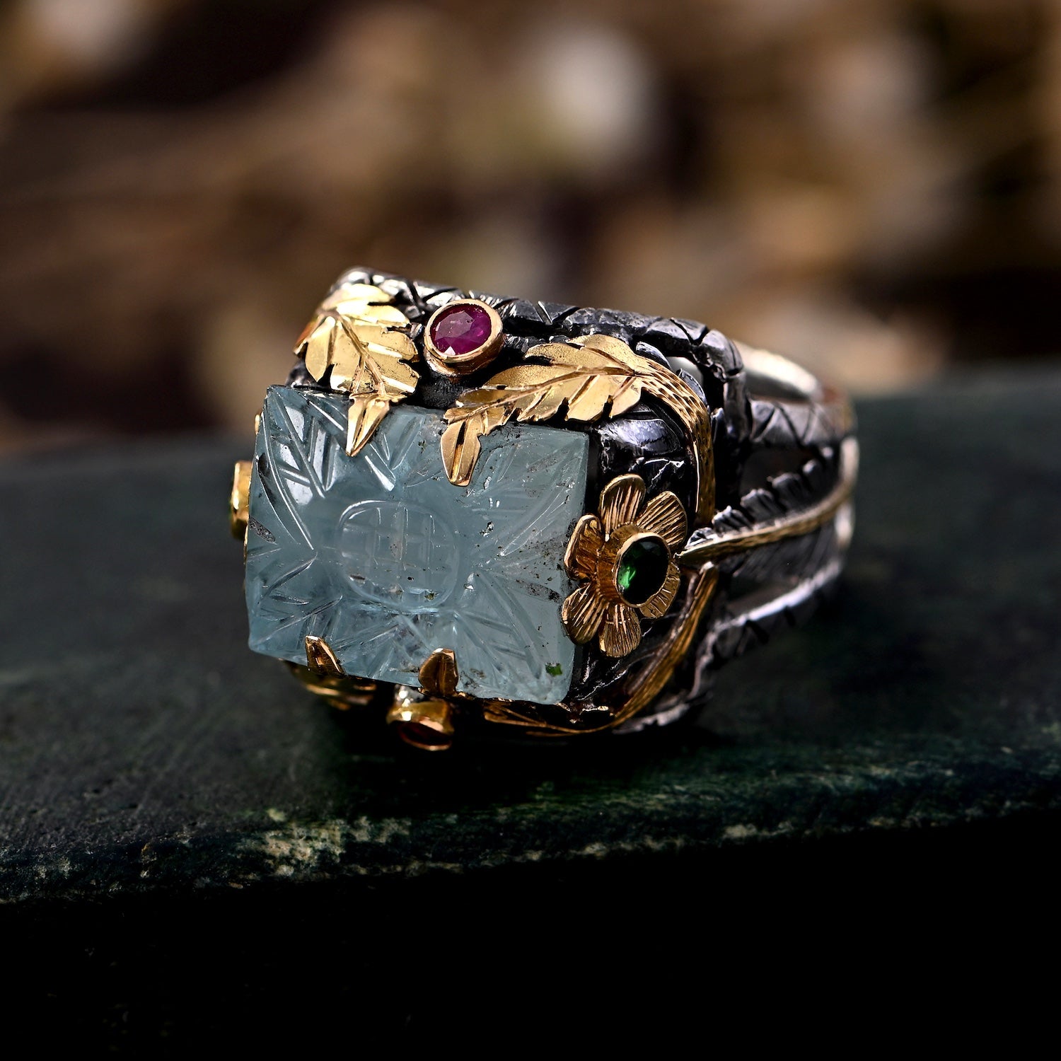 Hand-Carved Aquamarine Ruby Tsavorite Bella Ring