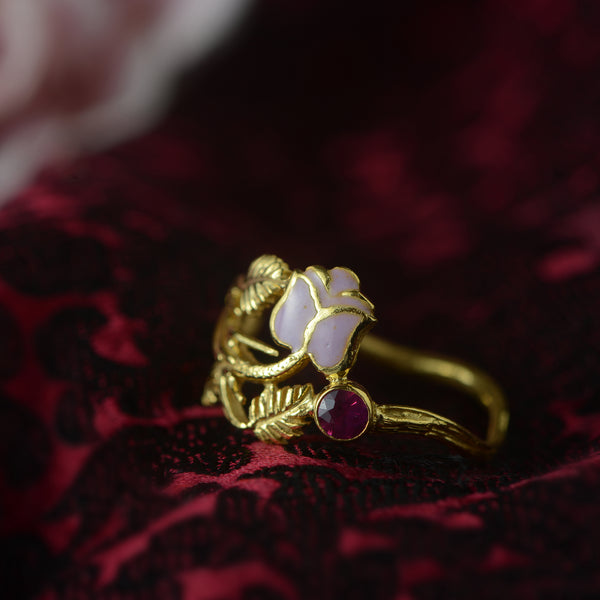 Rose Enamel Ruby Gold Ring