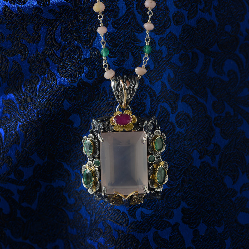 Salma Rose Quartz Emerald Pendant