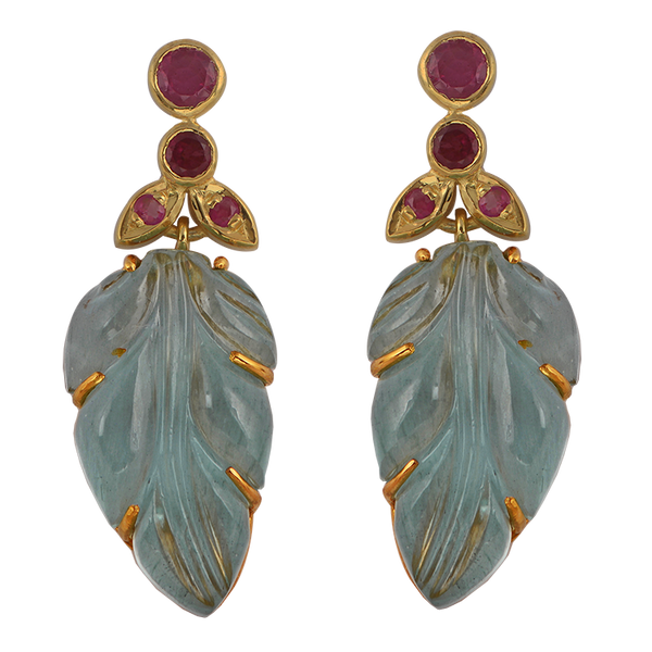 Tamarind Hand-Carved Aquamarine Ruby Earrings