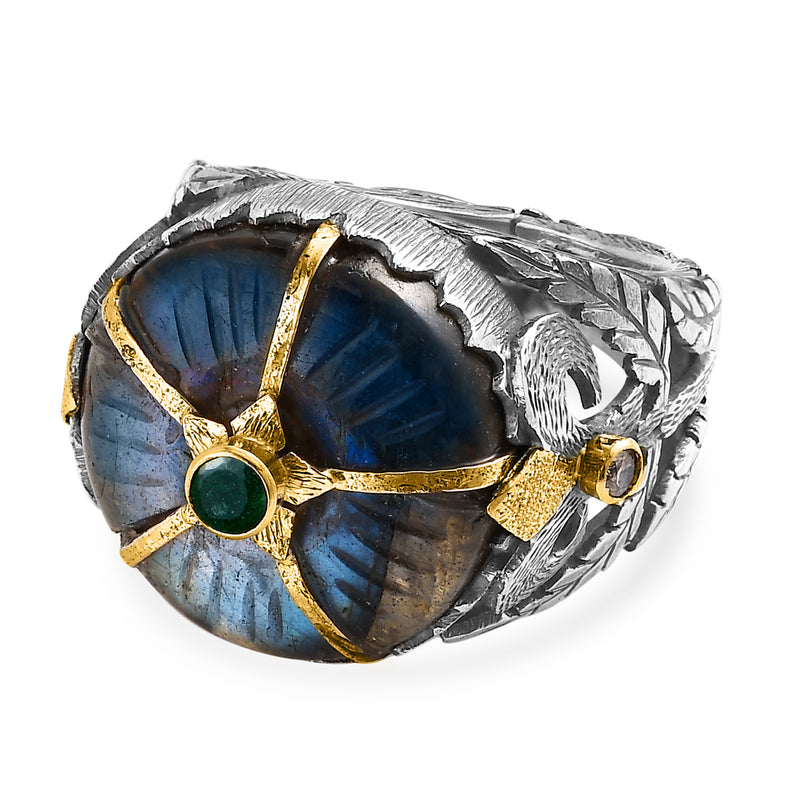 Odessa Labradorite Emerald Diamond Cocktail Ring