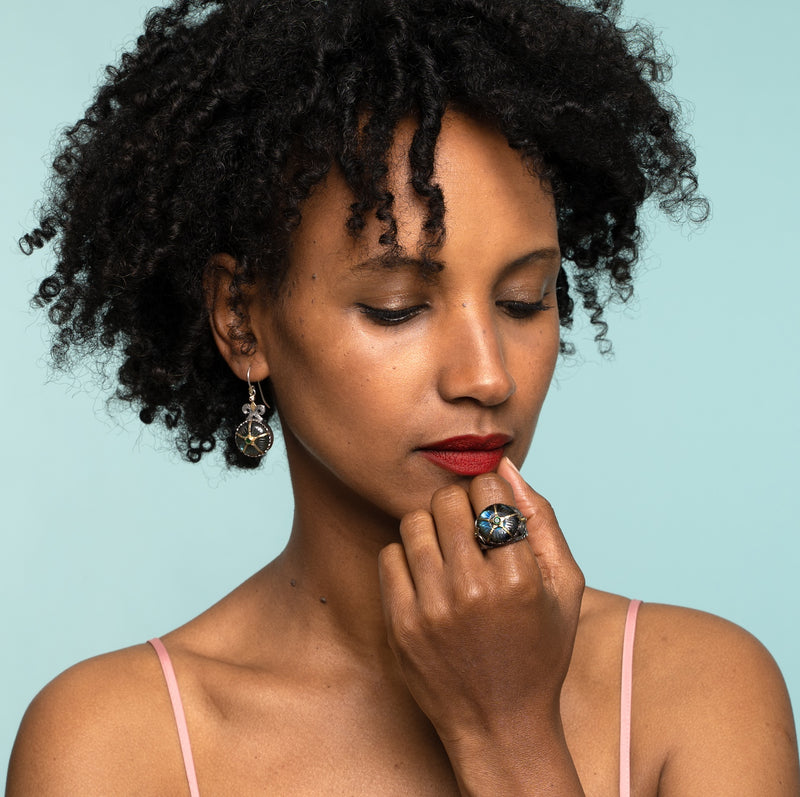 Odessa Labradorite Emerald Diamond Cocktail Ring