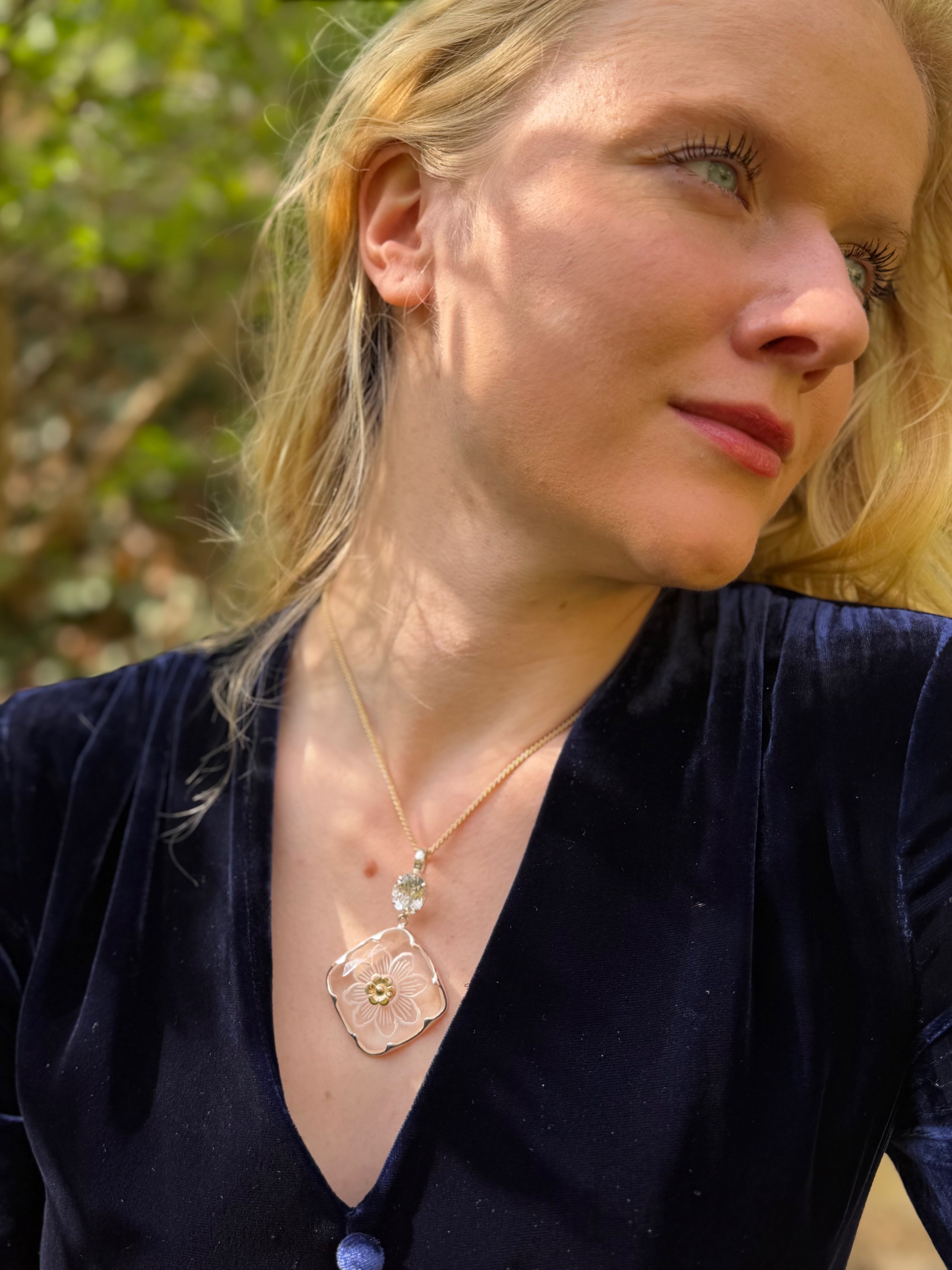 Belladona Etched Crystal Gold Pendant