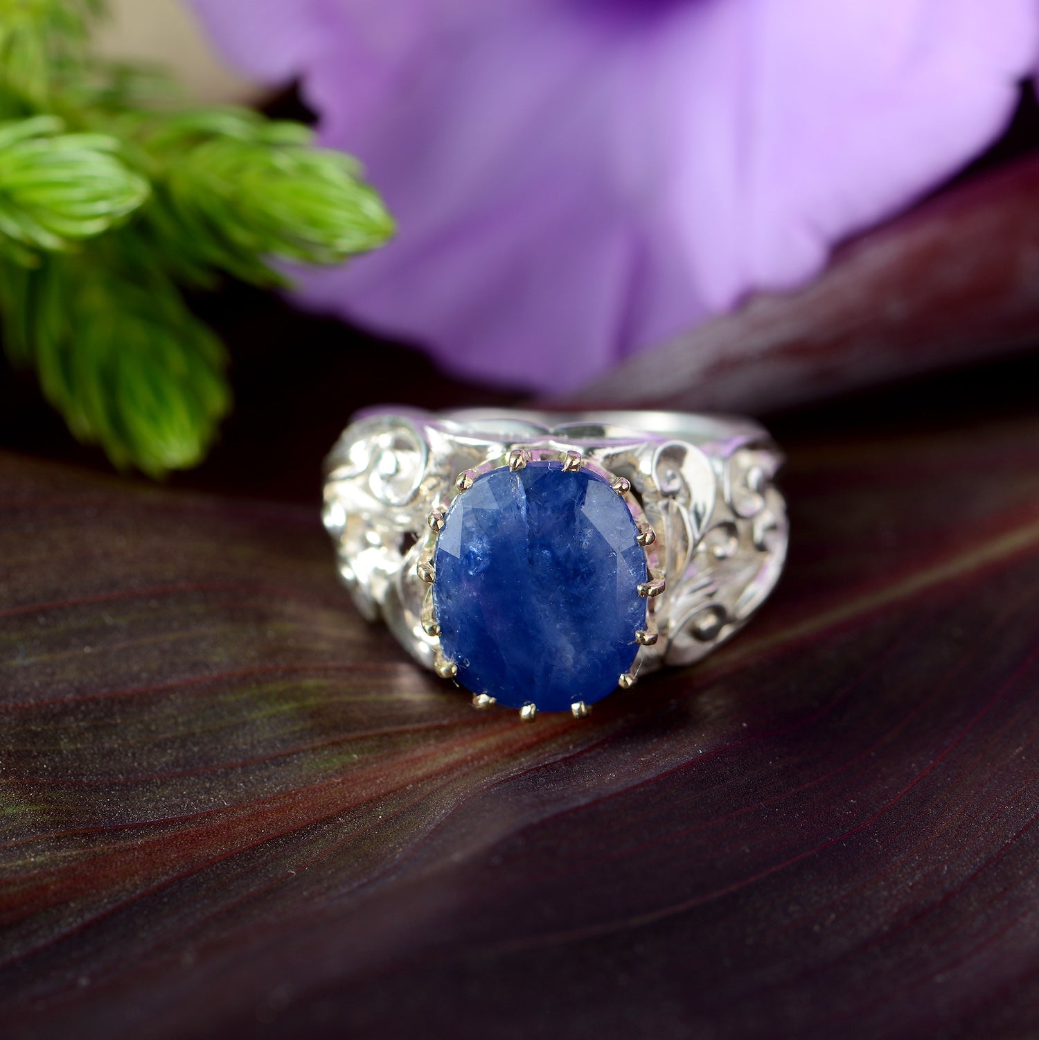 Blue Sapphire Baroque Hand-Carved Ring