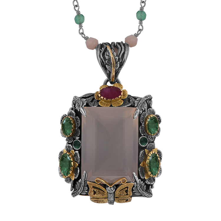 Salma Rose Quartz Emerald Pendant