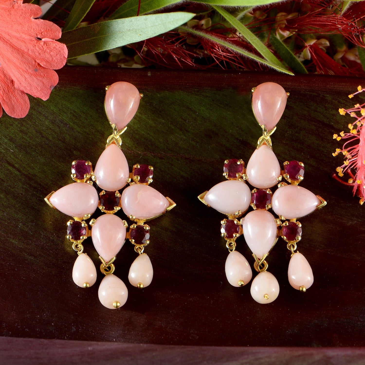 Gold Plated Opal Ruby Dangle Earrings in Pink & Red