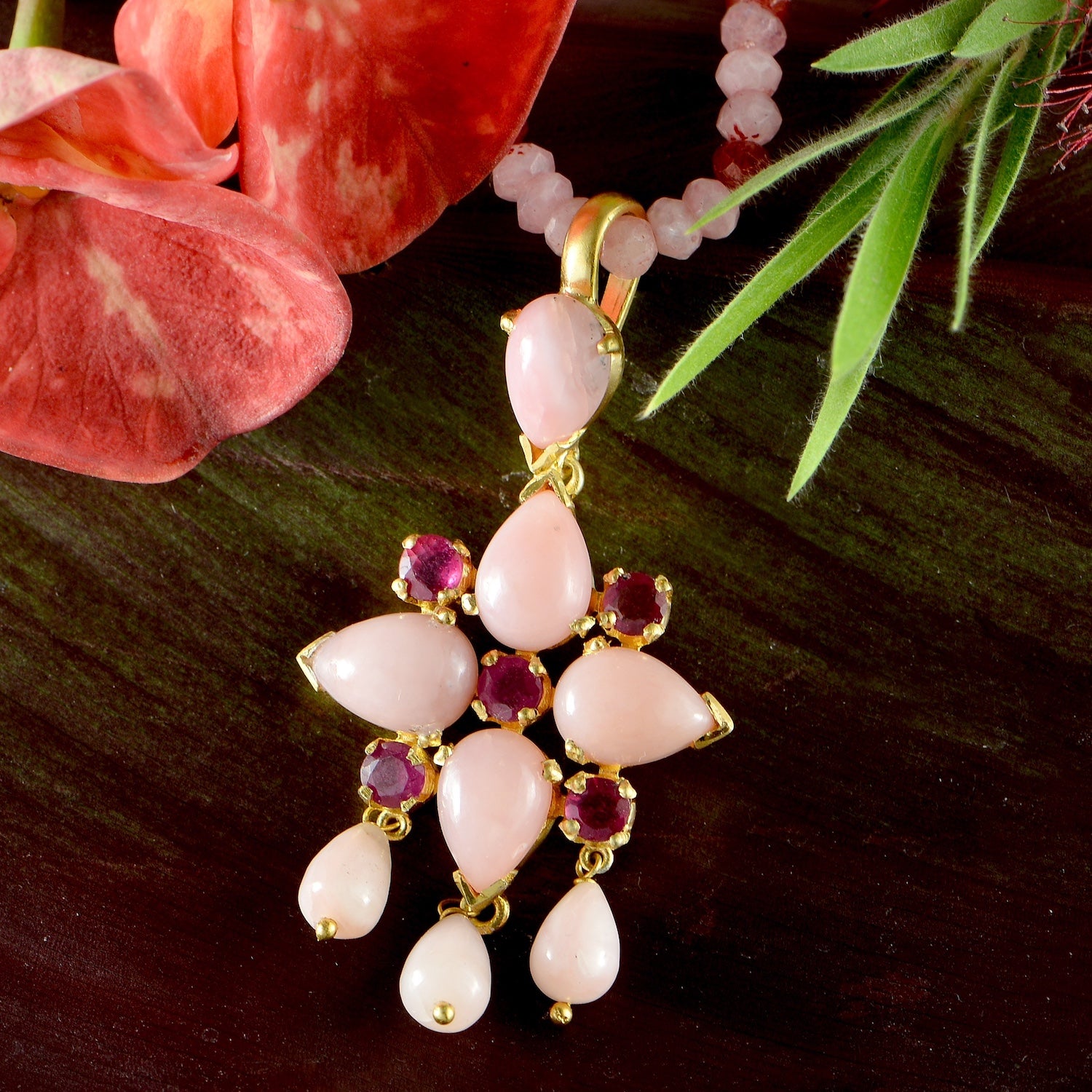 Gold Plated Pink Opal Ruby Teardrop Pendant
