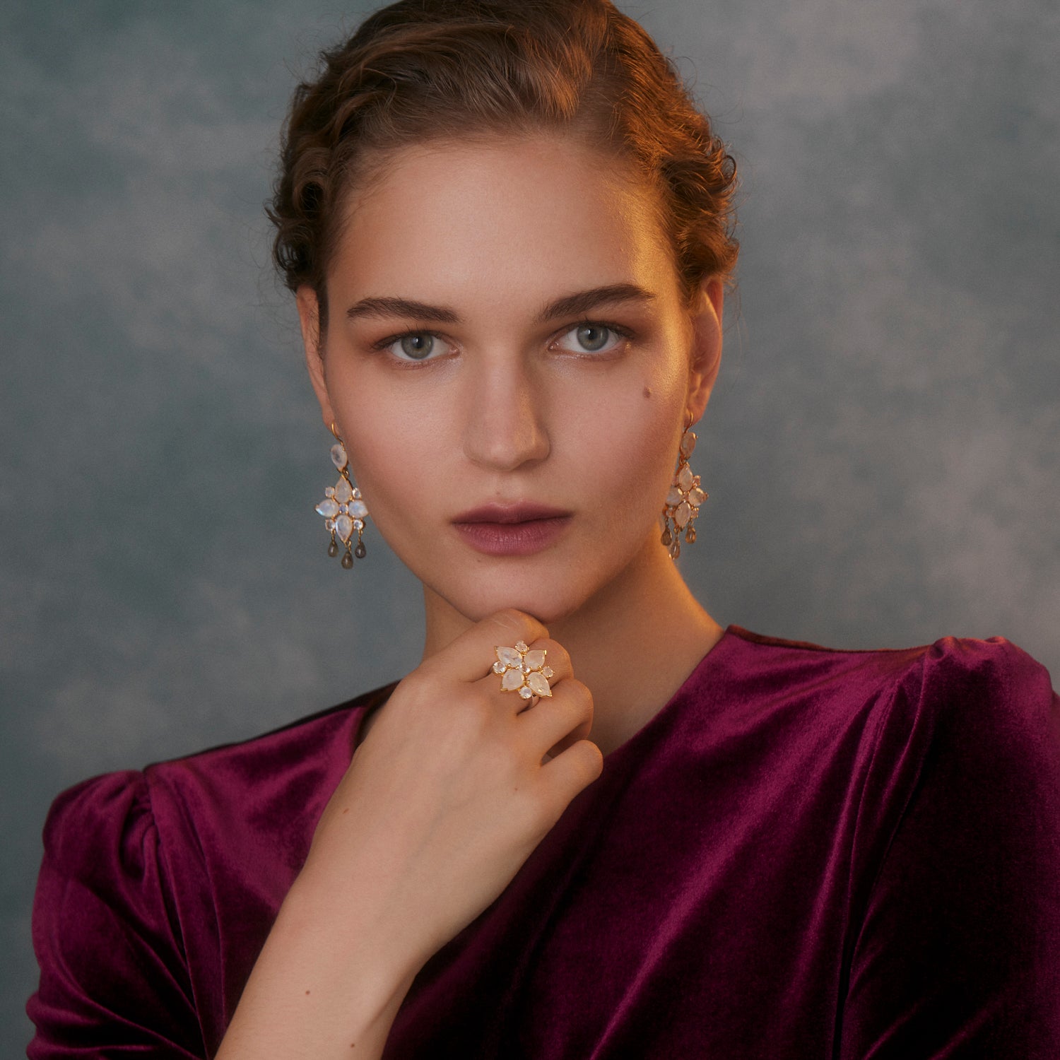 Gold Plated Tallulah Moonstone Labradorite Dangle Earrings in Grey and White