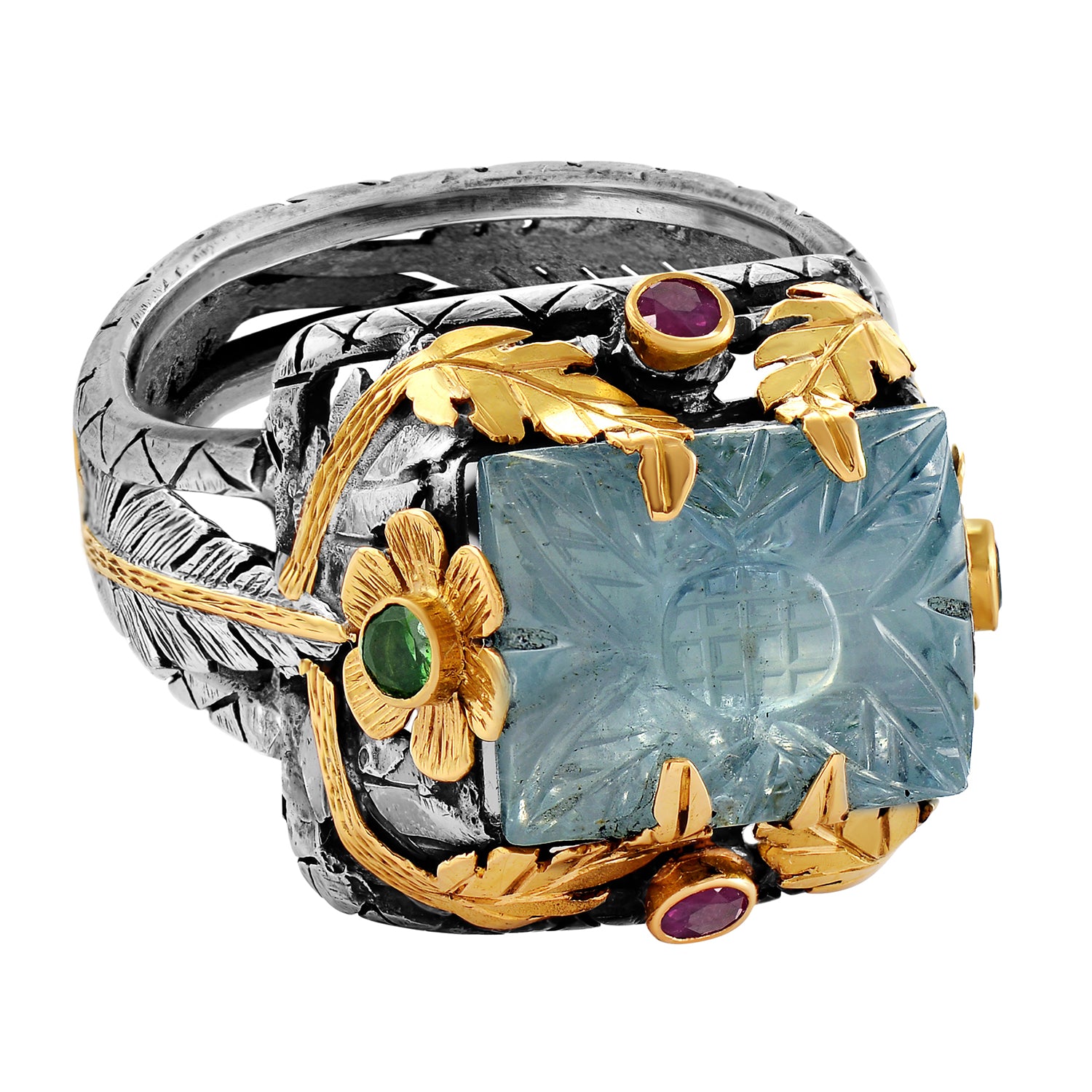 Hand-Carved Aquamarine Ruby Tsavorite Bella Ring
