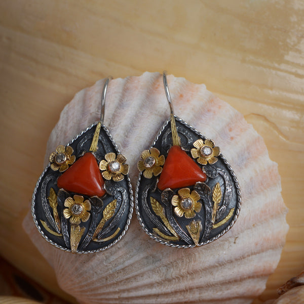 Etta Coral Diamond Gold and Silver Earrings